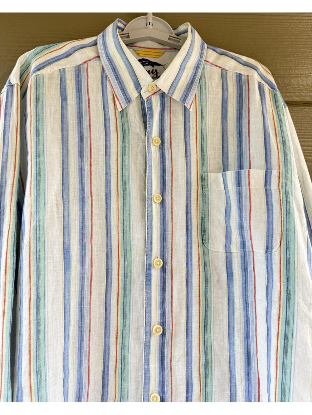 Tommy Bahama White Multi Striped 100% Linen Long Sleeve Button Down Shirt Size L